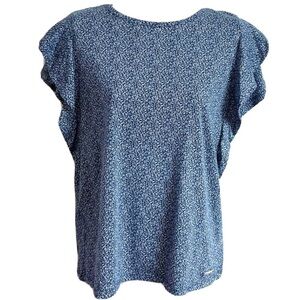 Michael Kors floral ruffle cap sleeve pullover blouse top stretchy blue …
